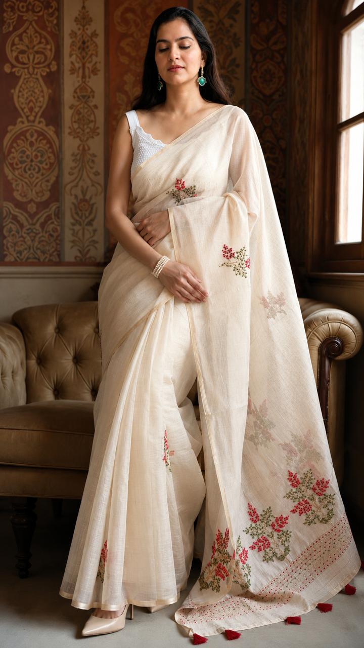 Ivory Linen Saree with Hand Embroidered