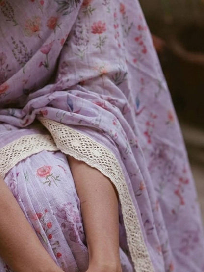Lavender Linen Saree with botanical hand-block print