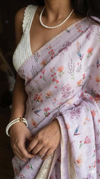 Lavender Linen Saree with botanical hand-block print