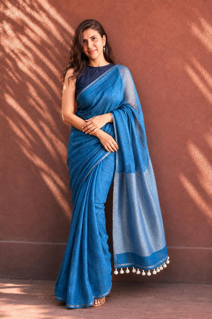 Blue Linen Saree with silver stripes on pallu