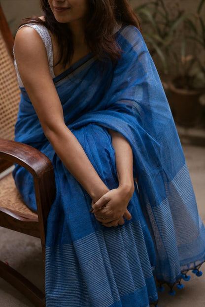 Blue Linen Saree with silver stripes on pallu