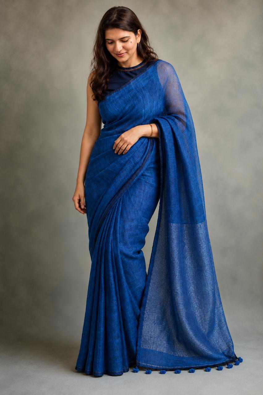 Blue Linen Saree with silver stripes on pallu