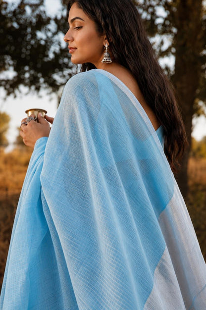Sky Blue Mul Cotton Saree with silver stripes