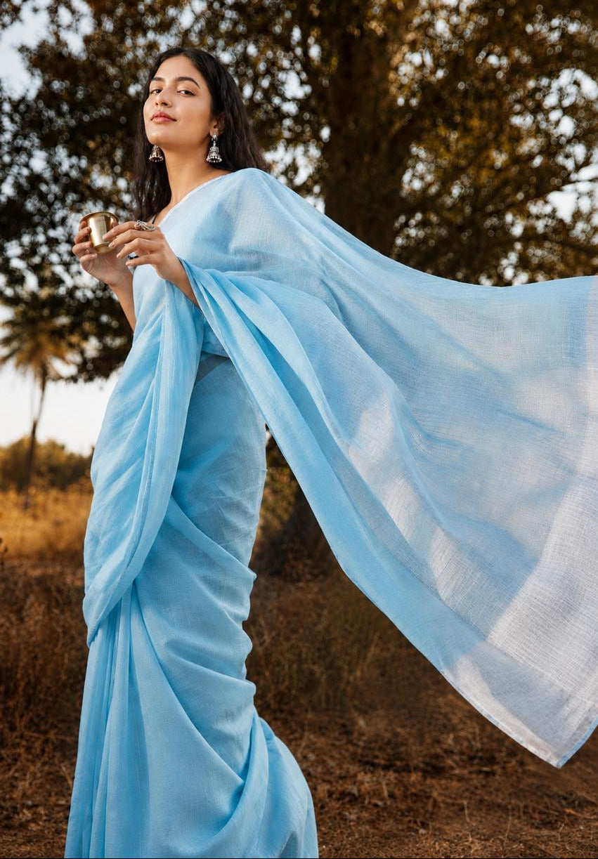 Sky Blue Mul Cotton Saree with silver stripes