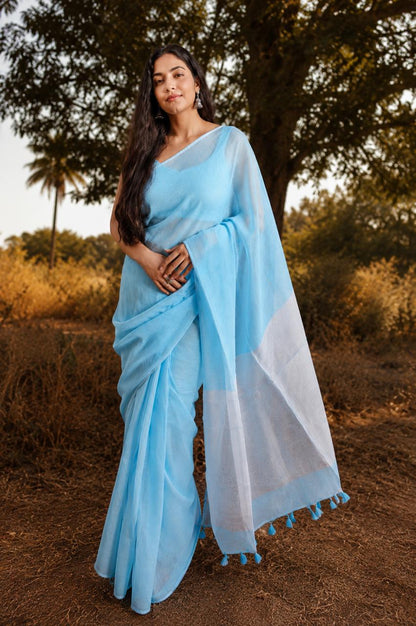 Sky Blue Mul Cotton Saree with silver stripes