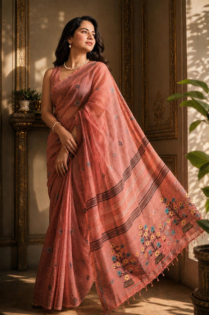 Onion Pink Matka Muslin Saree with Floral Motifs