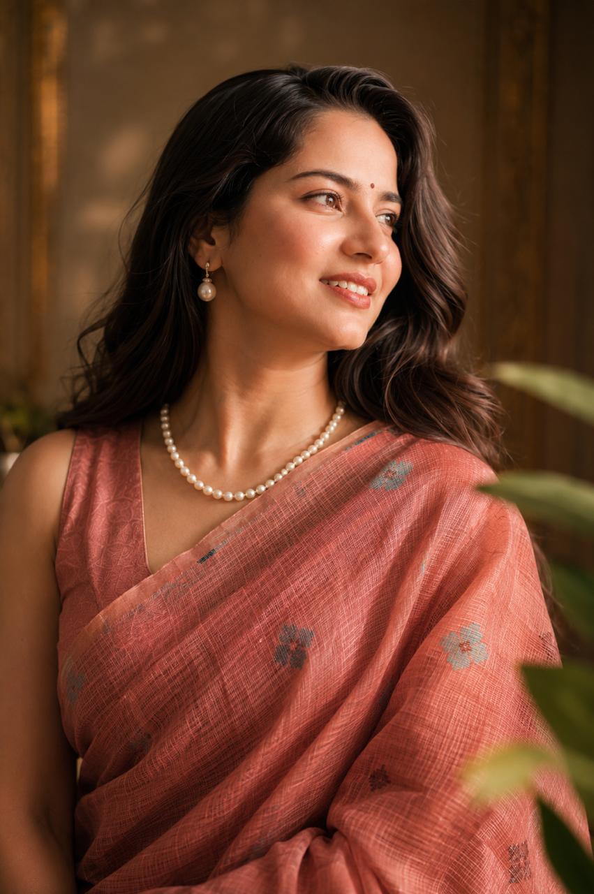 Onion Pink Matka Muslin Saree with Floral Motifs
