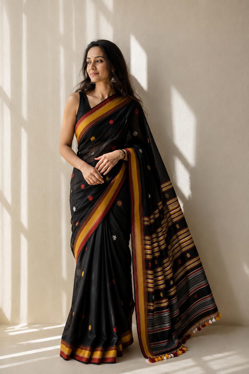 Black Cotton Saree with Bhujodi work