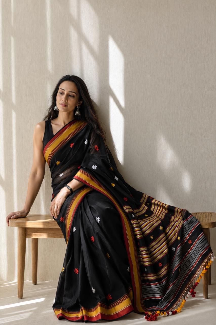 Black Cotton Saree with Bhujodi work