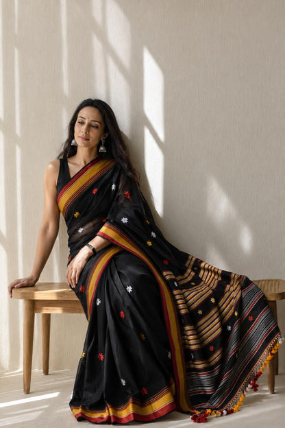 Black Cotton Saree with Bhujodi work