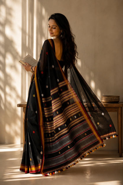 Black Cotton Saree with Bhujodi work