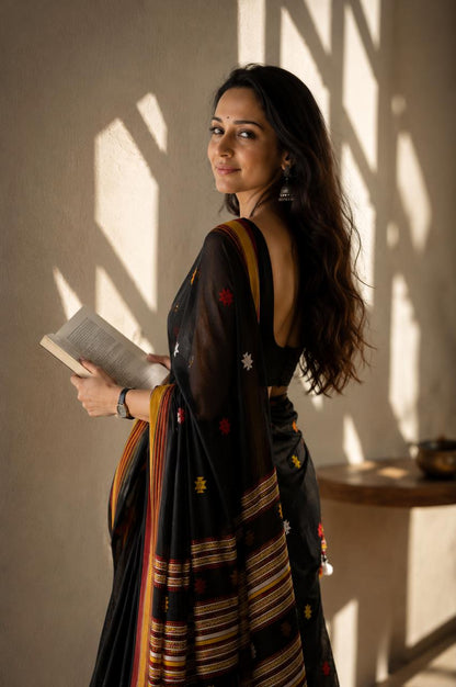 Black Cotton Saree with Bhujodi work