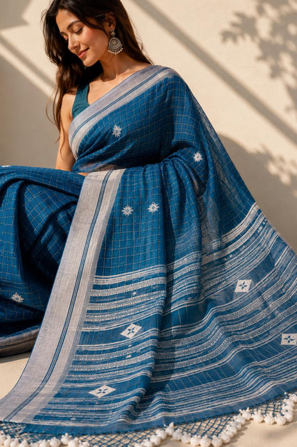 Dual tone Blue Cotton Saree with Bhujodi work