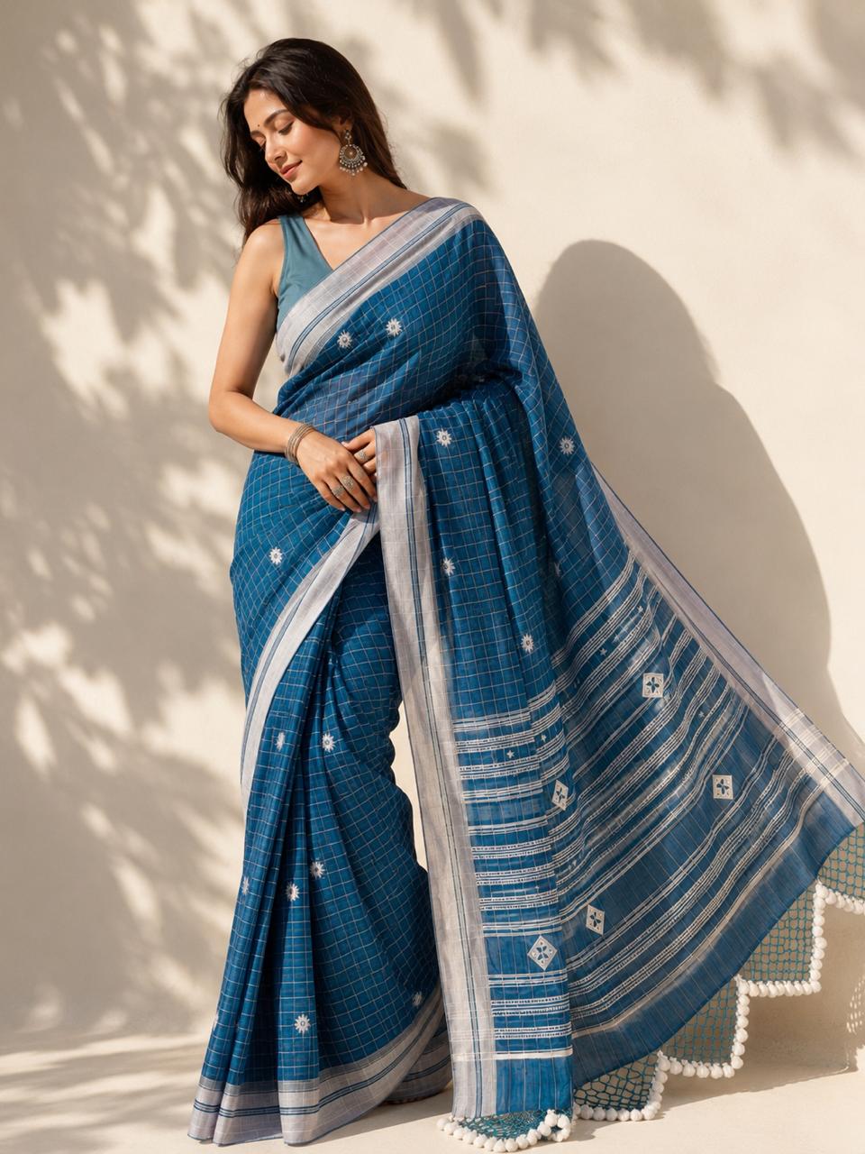 Dual tone Blue Cotton Saree with Bhujodi work