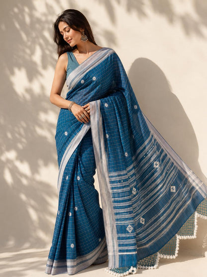 Dual tone Blue Cotton Saree with Bhujodi work