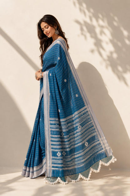 Dual tone Blue Cotton Saree with Bhujodi work