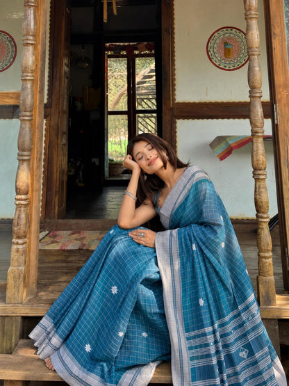 Dual tone Blue Cotton Saree with Bhujodi work