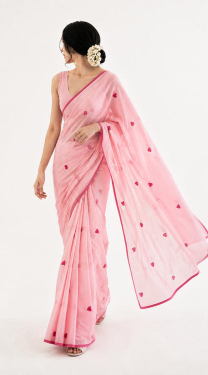 Block Print Pink Mul Cotton Saree
