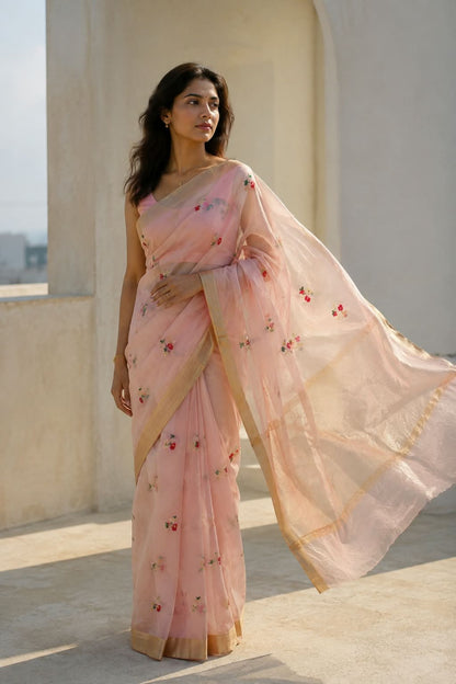 Chanderi silk saree with meenakari birds motifs