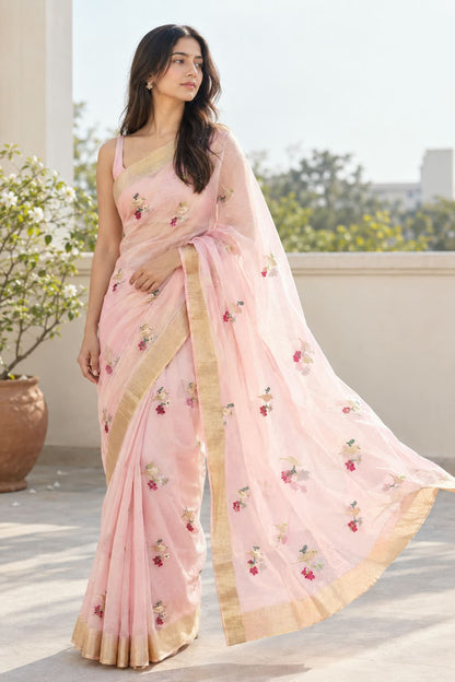 Chanderi silk saree with meenakari birds motifs