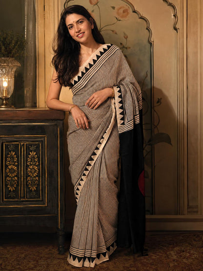 Black White stripes Ajrakh Hand block Printed Modal Silk saree