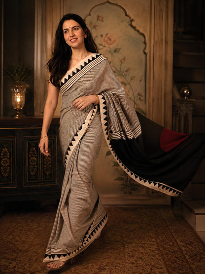 Black White stripes Ajrakh Hand block Printed Modal Silk saree