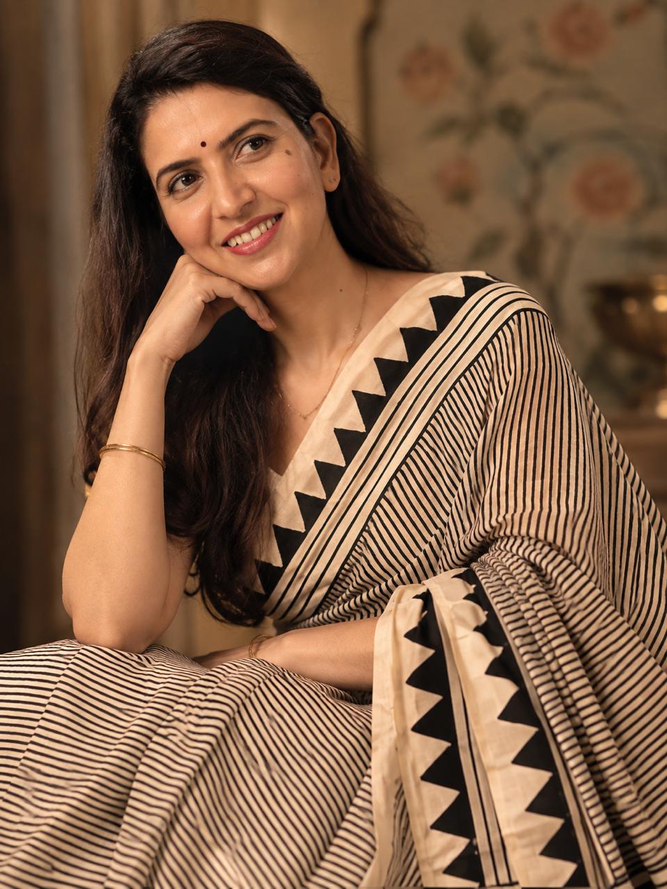 Black White stripes Ajrakh Hand block Printed Modal Silk saree