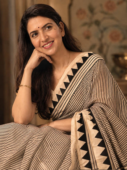 Black White stripes Ajrakh Hand block Printed Modal Silk saree
