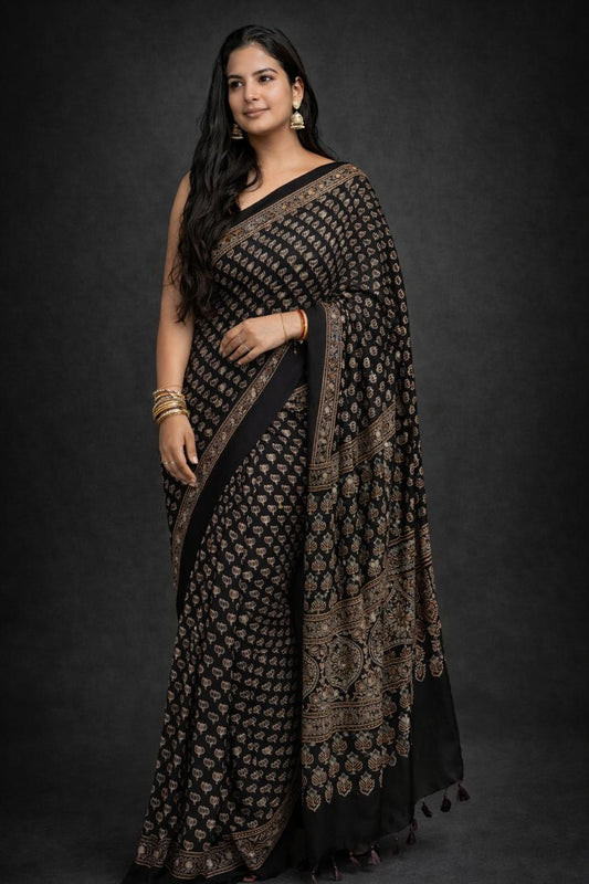 Black Ajrakh Hand Block Printed Modal Silk Saree with Mirror Work