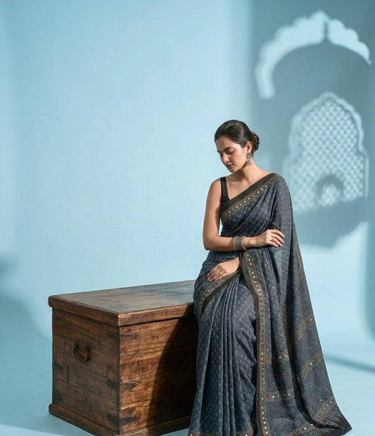 Indigo Ajrakh Hand Block Printed Modal Silk Saree with Mirror Work