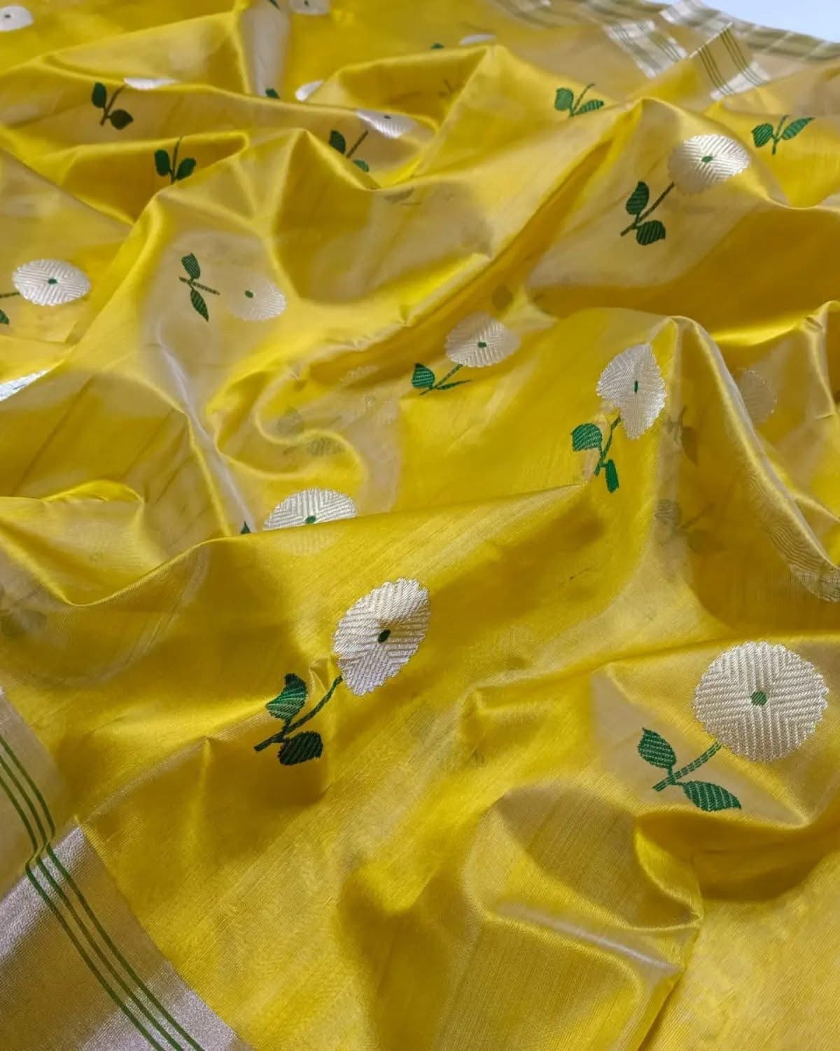 Yellow Chanderi Saree with Floral Motifs and Zari Pallu