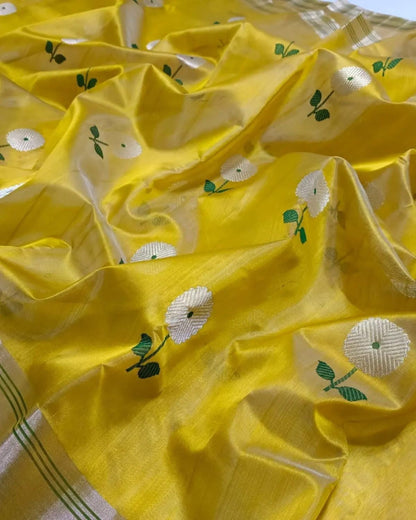 Yellow Chanderi Saree with Floral Motifs and Zari Pallu