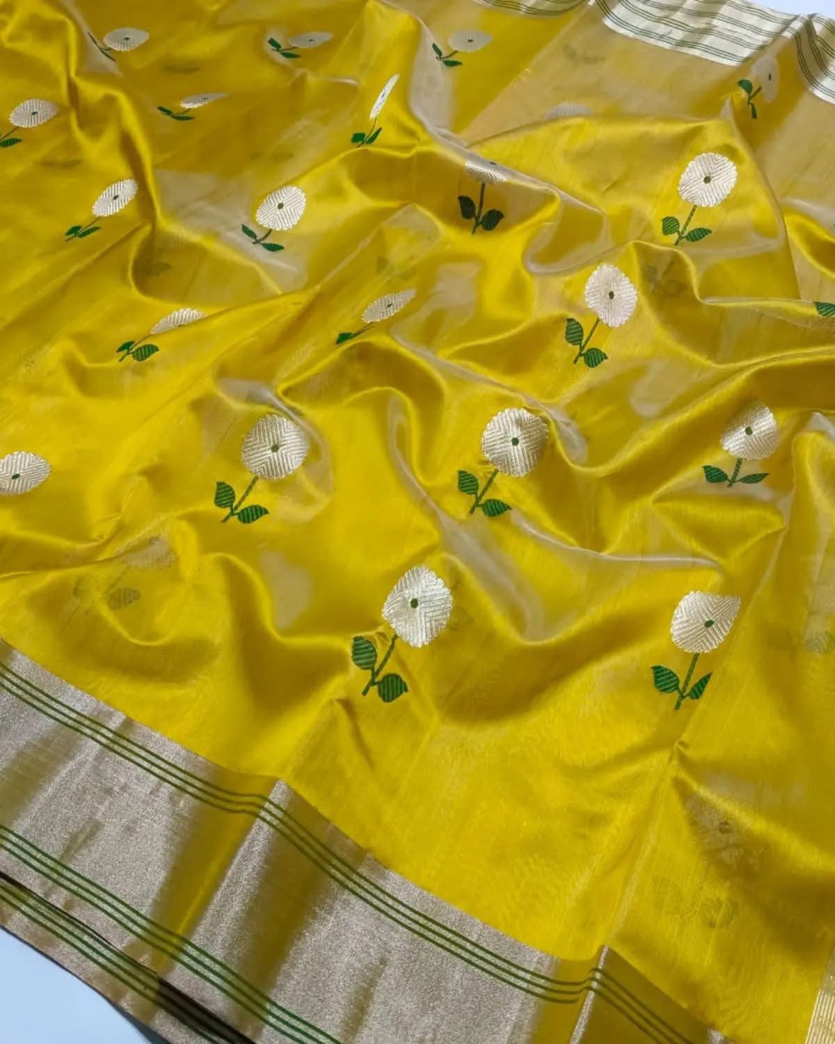 Yellow Chanderi Saree with Floral Motifs and Zari Pallu