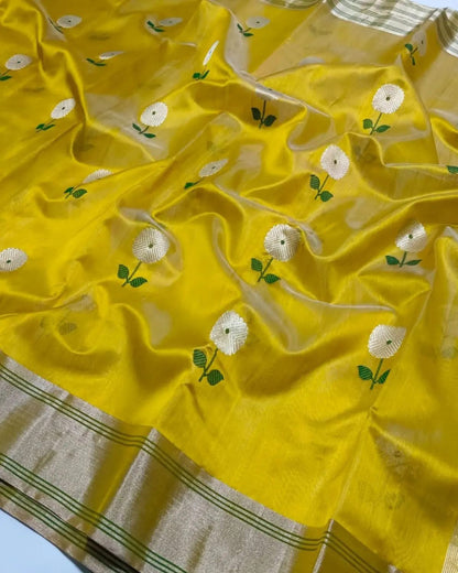 Yellow Chanderi Saree with Floral Motifs and Zari Pallu
