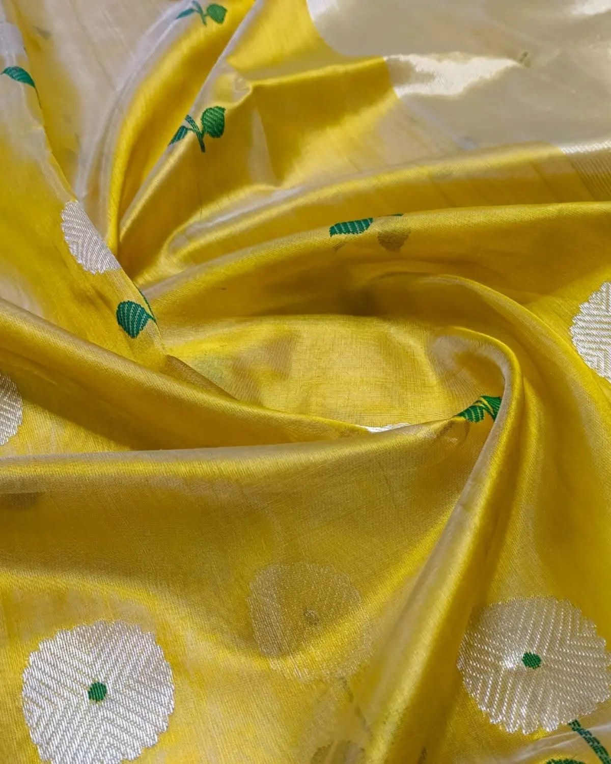 Yellow Chanderi Saree with Floral Motifs and Zari Pallu