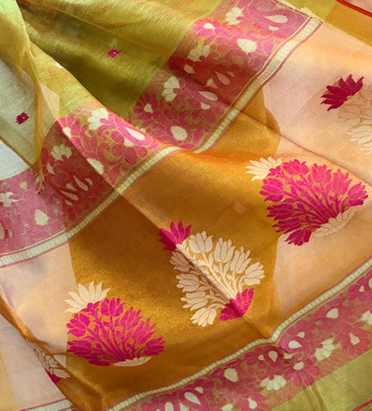 Sage Green Pure Linen Saree with Floral Motifs