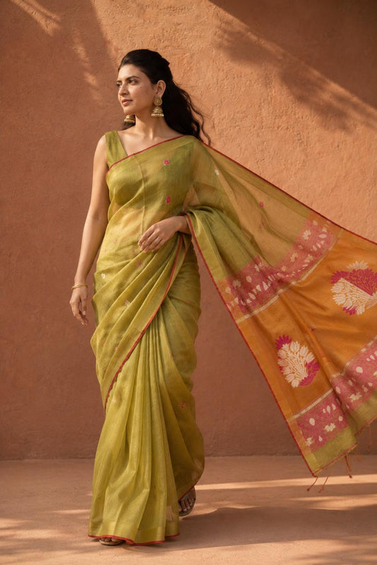 Sage Green Pure Linen Saree with Floral Motifs