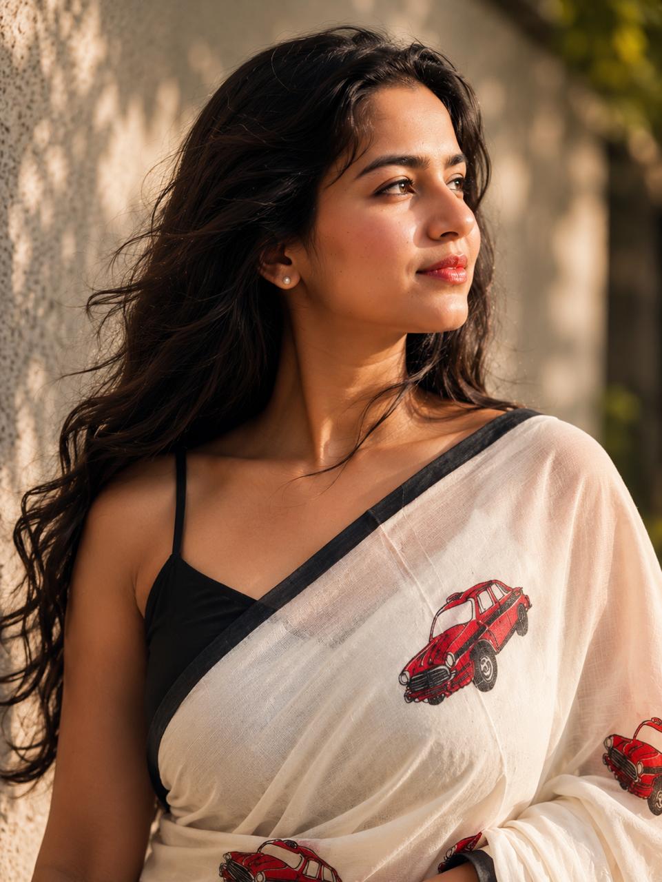 White mul cotton saree with car hand block print