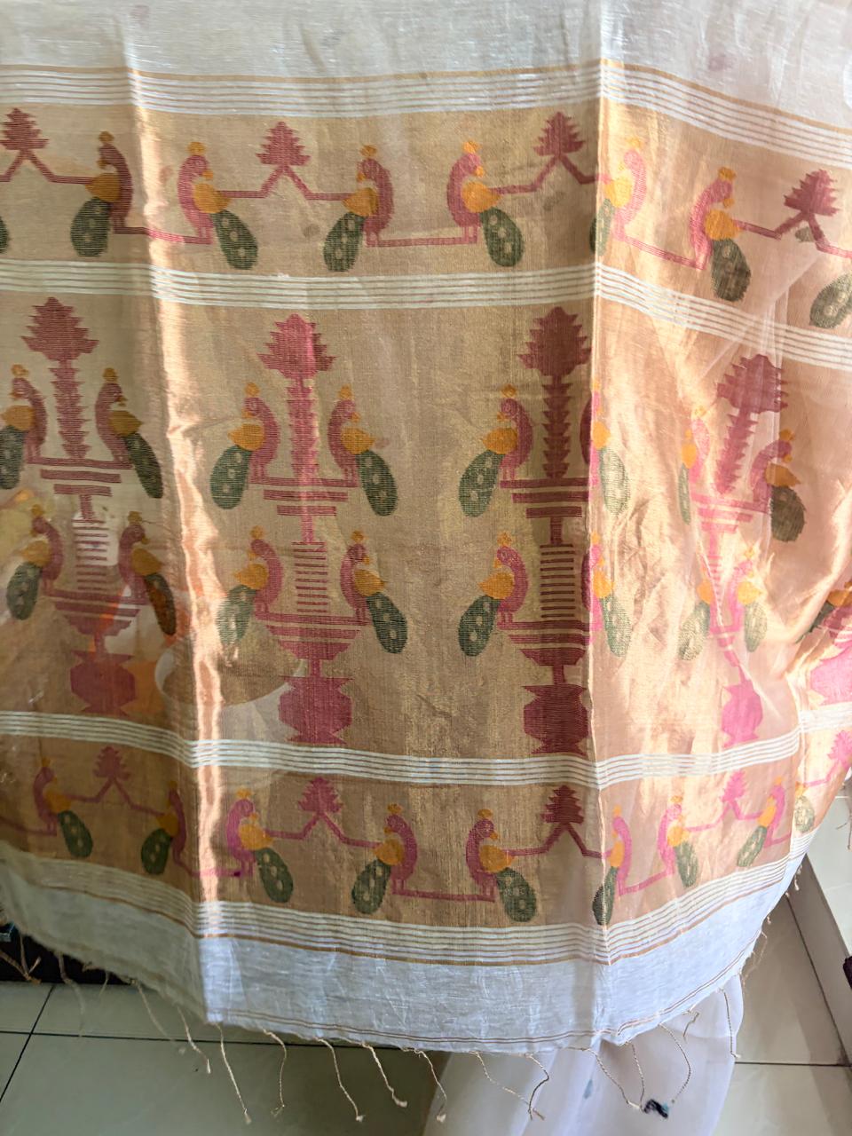 Matka muslin white saree with golden paithani pallu