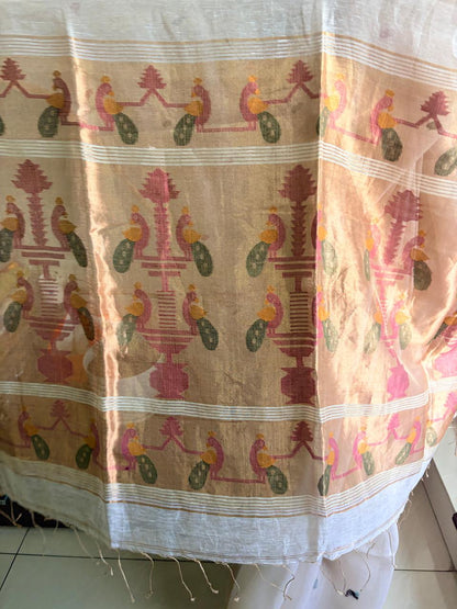 Matka muslin white saree with golden paithani pallu