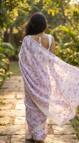 Lavender Linen Saree with botanical hand-block print