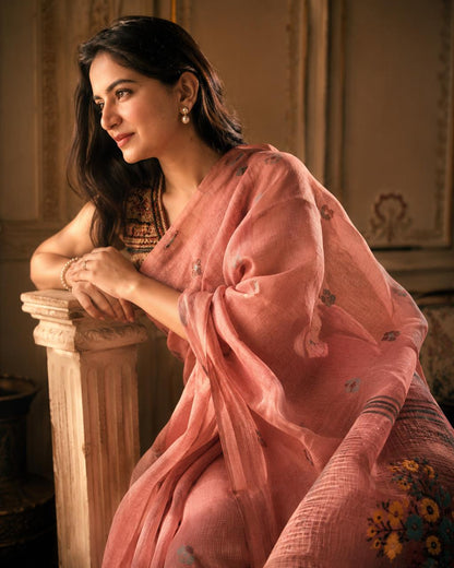 Onion Pink Matka Muslin Saree with Floral Motifs