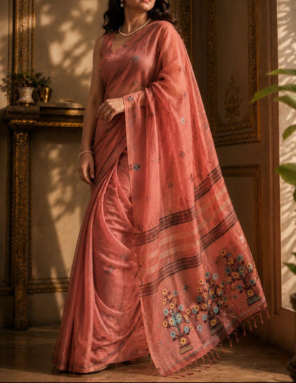 Onion Pink Matka Muslin Saree with Floral Motifs