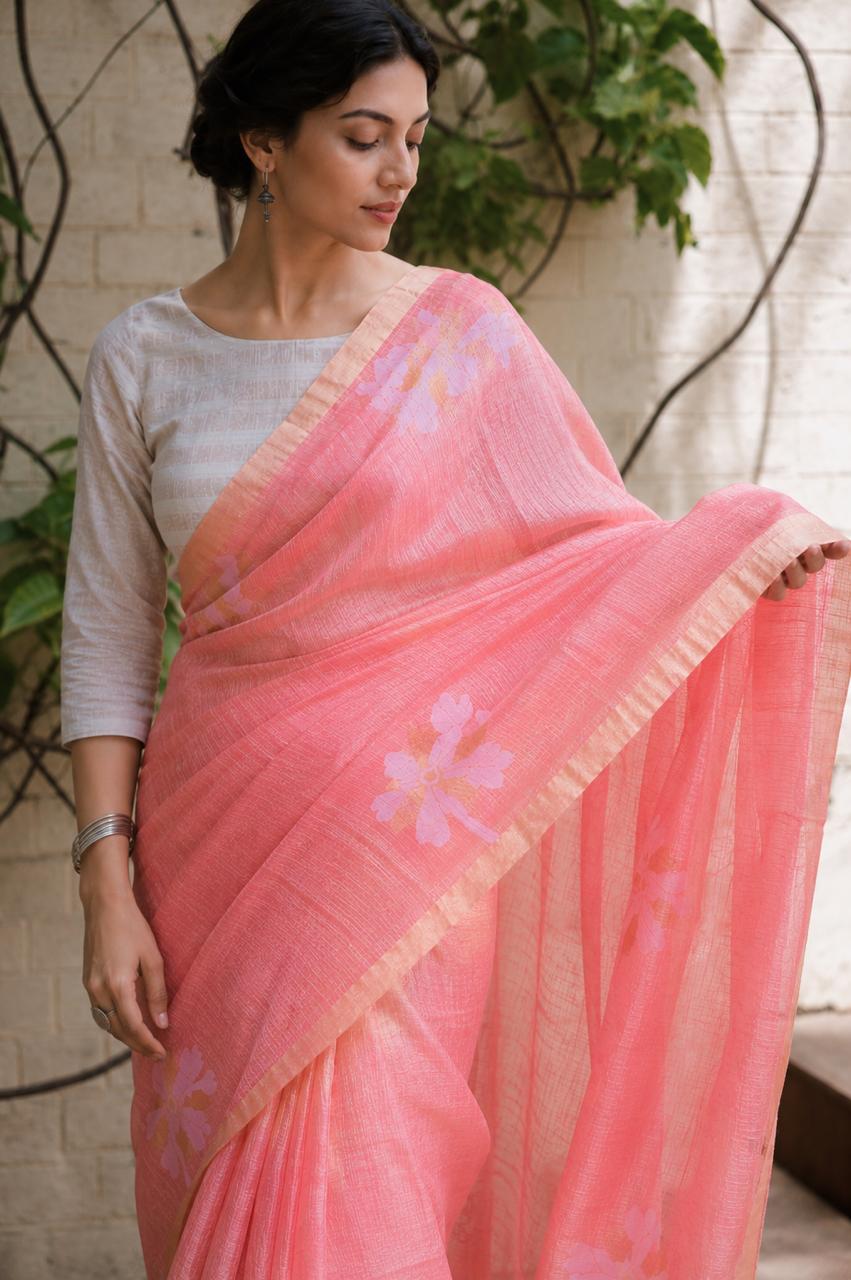 Peach Matka Muslin Jamdani Silk