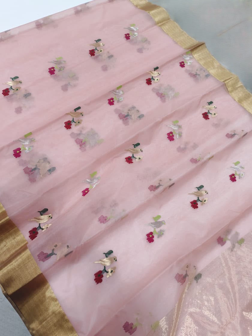 Chanderi silk saree with meenakari birds motifs