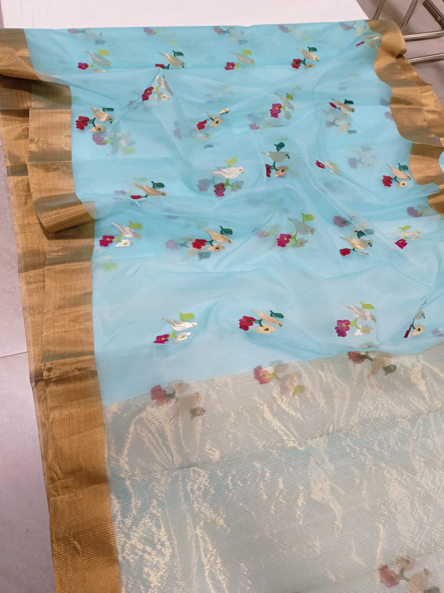 Chanderi silk saree with meenakari birds motifs