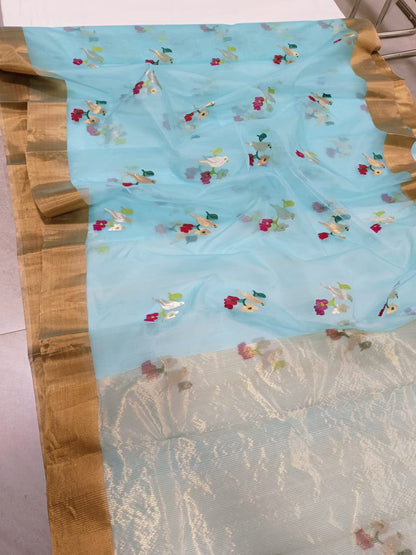 Chanderi silk saree with meenakari birds motifs