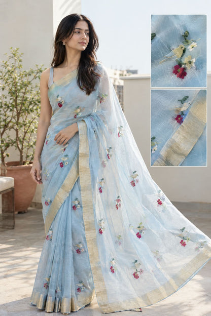 Chanderi silk saree with meenakari birds motifs