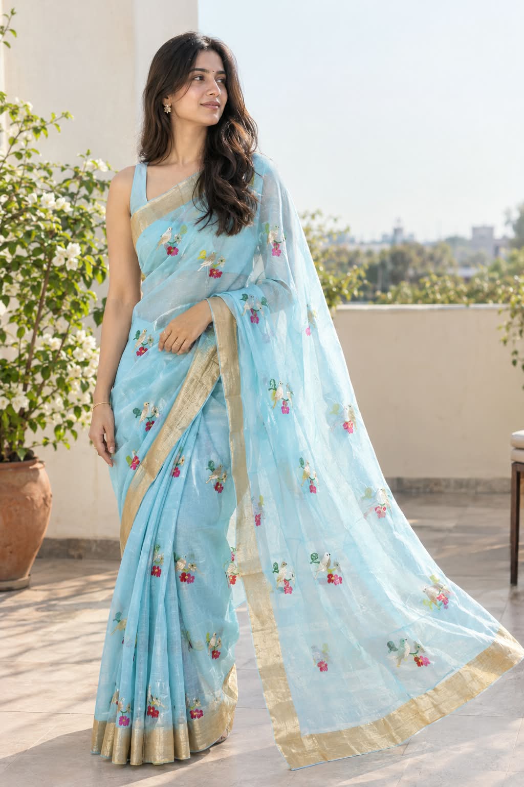 Chanderi silk saree with meenakari birds motifs
