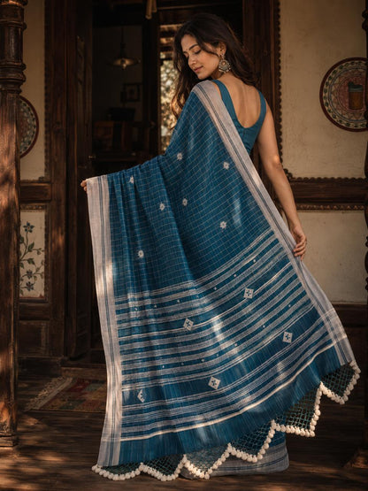 Dual tone Blue Cotton Saree with Bhujodi work